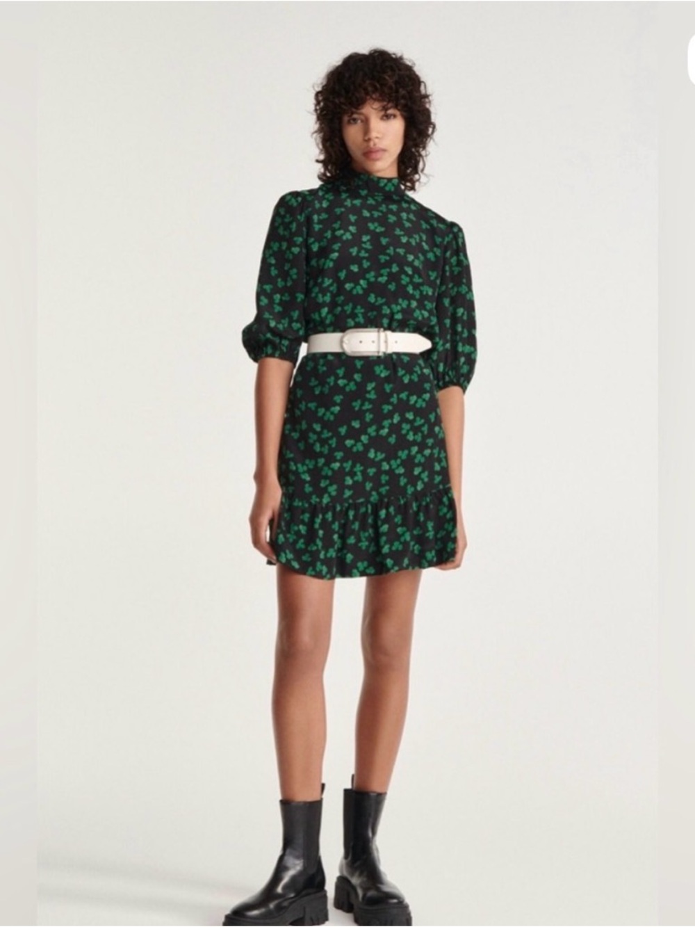 The Kooples Naive Flowers Black and Green Clover Silk Print Mini Dress | M
